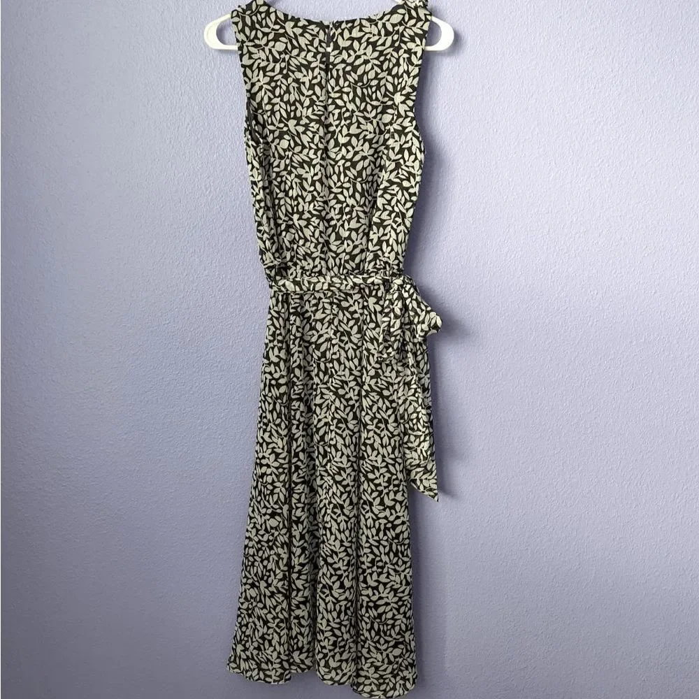 MSK Midi Dress Wrap Tie Around Waist Black & White Leaves Pattern Women's 8 Belt